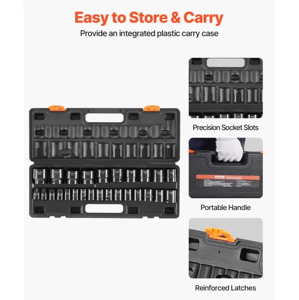 VEVOR Impact Socket Set 1/2 Inches 26 Piece Impact Sockets, Shallow Socket, 6-Point Sockets, Rugged Construction, CR-V, 1/2 Inches Drive Socket Set Impact Metric 10mm - 36mm, with a Storage Cage