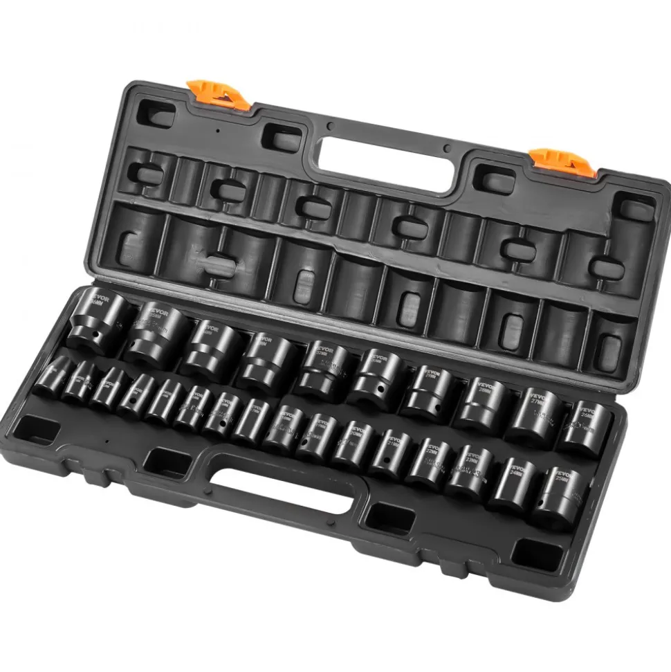 VEVOR Impact Socket Set 1/2 Inches 26 Piece Impact Sockets, Shallow Socket, 6-Point Sockets, Rugged Construction, CR-V, 1/2 Inches Drive Socket Set Impact Metric 10mm - 36mm, with a Storage Cage