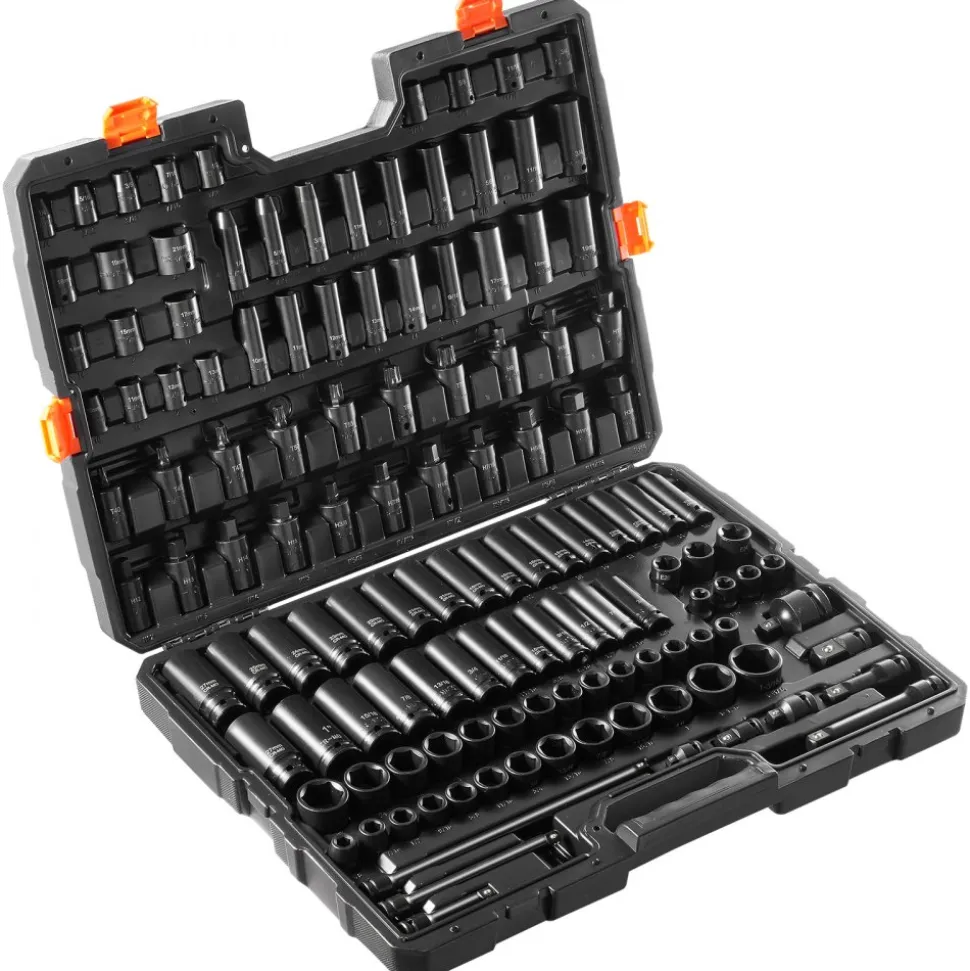 VEVOR Impact Socket Set 130 Piece 3/8" & 1/2" - SAE & Metric Drive Socket Set - 6 Point Cr-Mo Alloy Steel for Auto Repair - Easy-to-Read Size Markings - Includes Storage Case