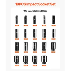 VEVOR Impact Socket Set, 1/2" 19 Piece Impact Sockets, Deep Socket, 6-Point Sockets, 1/2 Inches Drive Socket Set Impact 3/8 inch - 1-1/2 inch, Cr-V Rugged Construction, with a Storage Cage