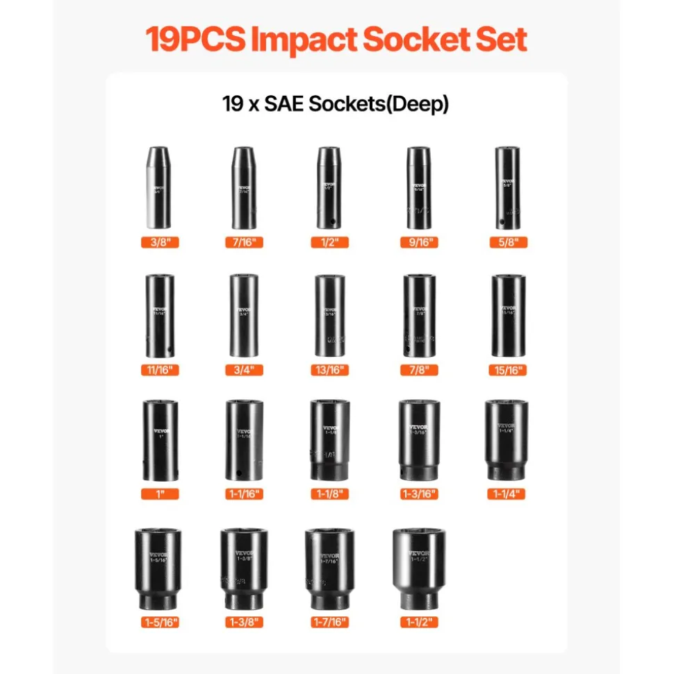 VEVOR Impact Socket Set, 1/2" 19 Piece Impact Sockets, Deep Socket, 6-Point Sockets, 1/2 Inches Drive Socket Set Impact 3/8 inch - 1-1/2 inch, Cr-V Rugged Construction, with a Storage Cage