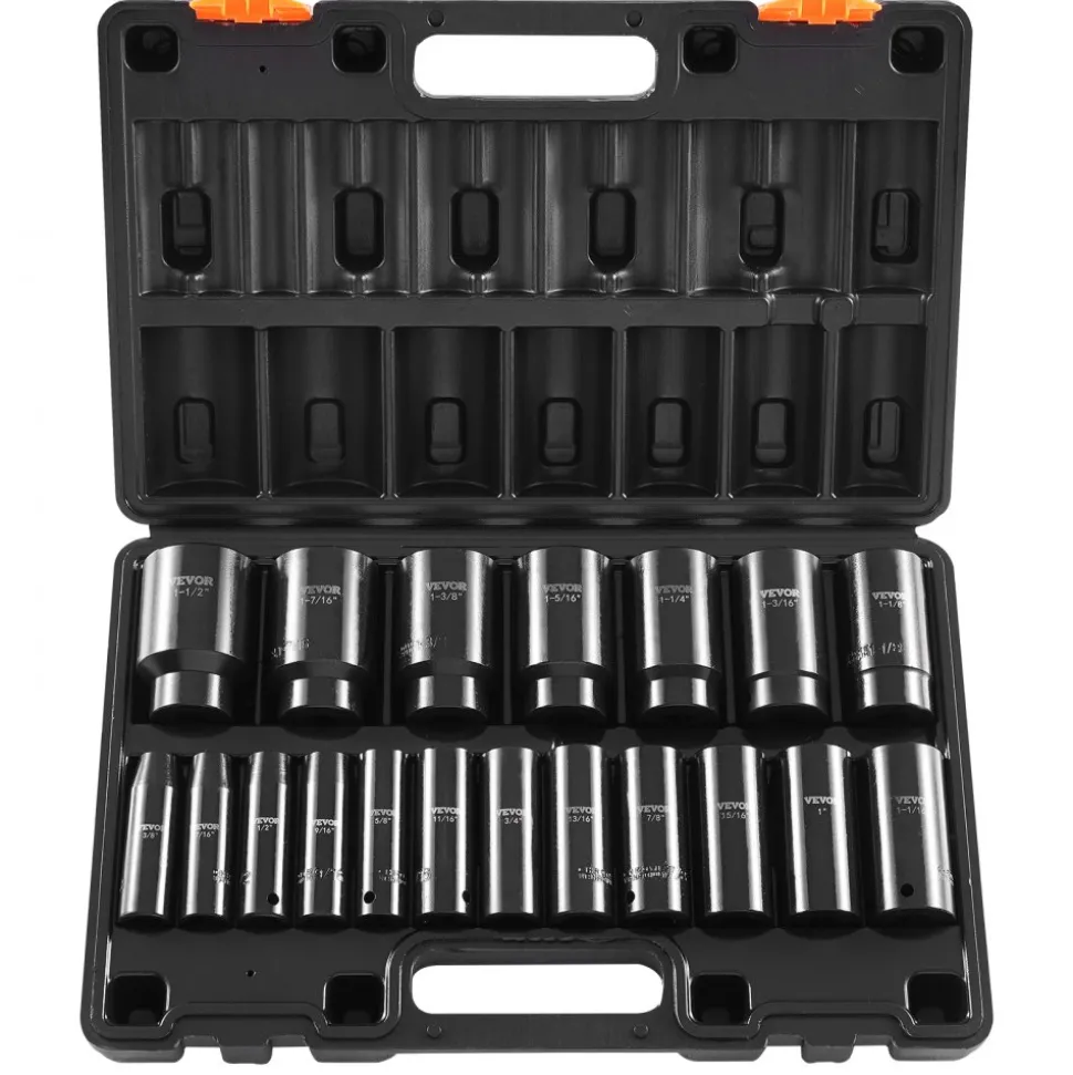 VEVOR Impact Socket Set, 1/2" 19 Piece Impact Sockets, Deep Socket, 6-Point Sockets, 1/2 Inches Drive Socket Set Impact 3/8 inch - 1-1/2 inch, Cr-V Rugged Construction, with a Storage Cage