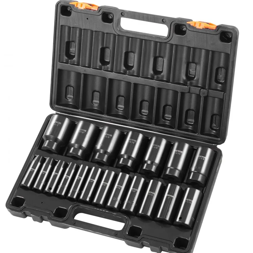 VEVOR Impact Socket Set, 1/2" 19 Piece Impact Sockets, Deep Socket, 6-Point Sockets, 1/2 Inches Drive Socket Set Impact 3/8 inch - 1-1/2 inch, Cr-V Rugged Construction, with a Storage Cage