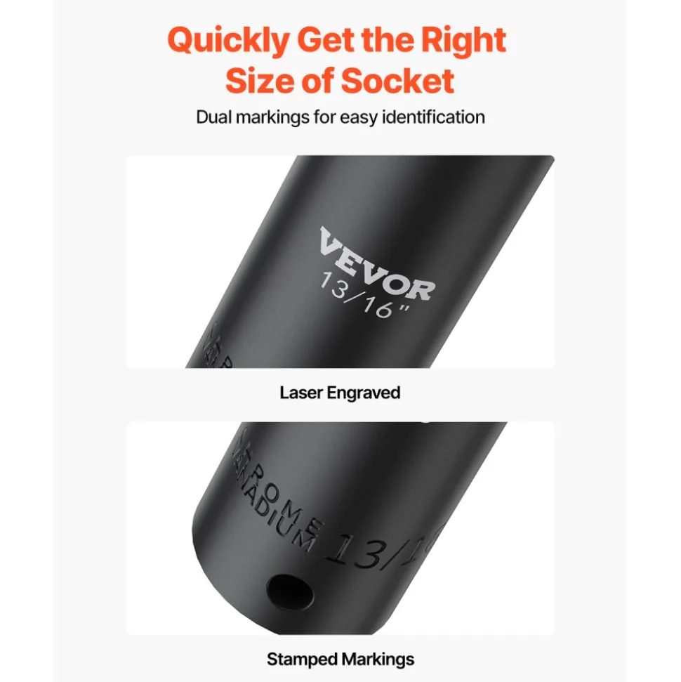 VEVOR Impact Socket Set, 1/2" 19 Piece Impact Sockets, Deep Socket, 6-Point Sockets, 1/2 Inches Drive Socket Set Impact 3/8 inch - 1-1/2 inch, Cr-V Rugged Construction, with a Storage Cage