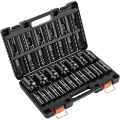 VEVOR Impact Socket Set, 1/2" 19 Piece Impact Sockets, Deep Socket, 6-Point Sockets, 1/2" Drive Set 3/8" to 1-1/2", Cr-V Rugged Construction, Easy to Identify, with a Sturdy Storage Case, for Vehicles