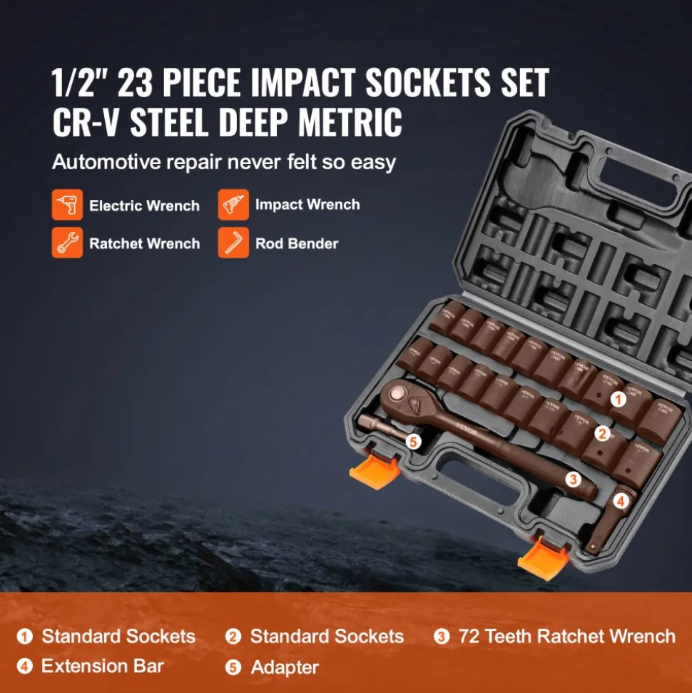 VEVOR Impact Socket Set with 1/2" Drive, Comprising 23 Pieces in SAE (7/16" -1") & Metric Measurements, 6 Point Cr-V Alloy Steel, Ideal for Car Maintenance, Includes Ratchet Handle and Durable Storage Case
