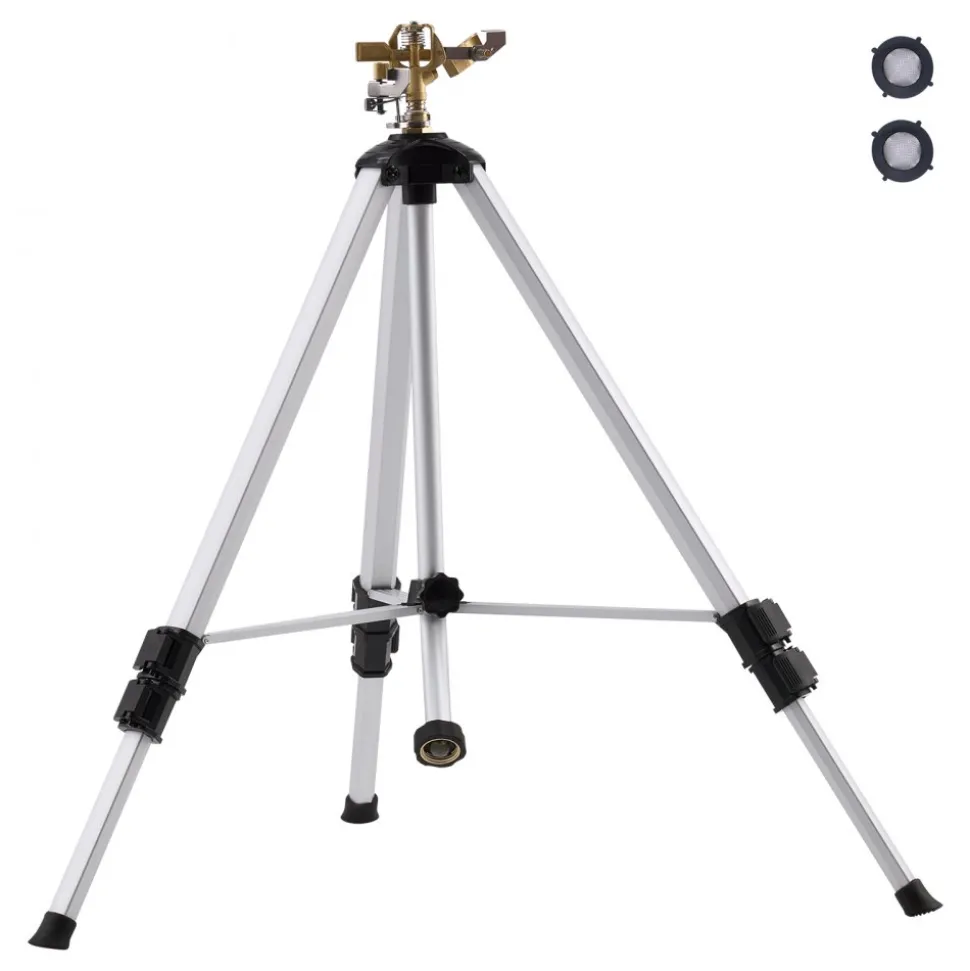 VEVOR Impact Sprinkler on Tripod Base, Heavy Duty Tripod Sprinklers with Brass Head & 3/4" Connector, 360 Degree Large Area Coverage Irrigation Sprinkler, Adjustable Heights Sprinkler for Yard Gray