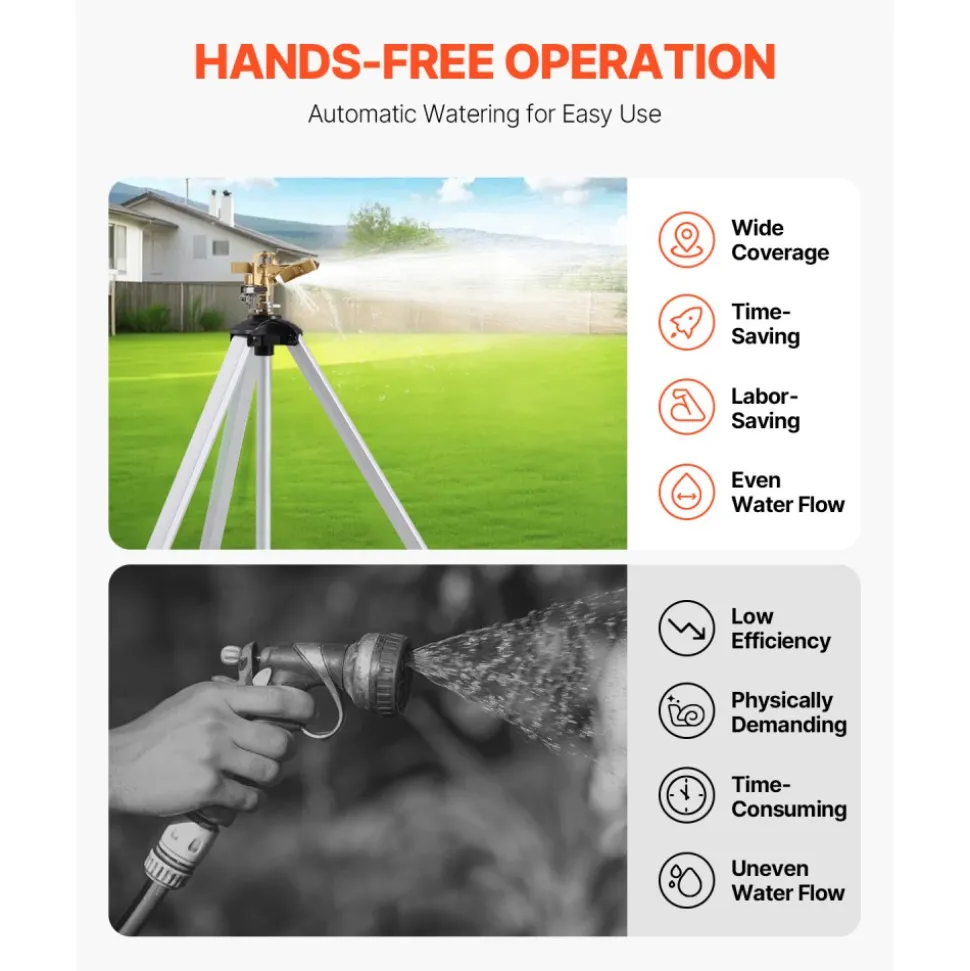 VEVOR Impact Sprinkler on Tripod Base, Heavy Duty Tripod Sprinklers with Brass Head & 3/4" Connector, 360 Degree Large Area Coverage Irrigation Sprinkler, Adjustable Heights Sprinkler for Yard Gray
