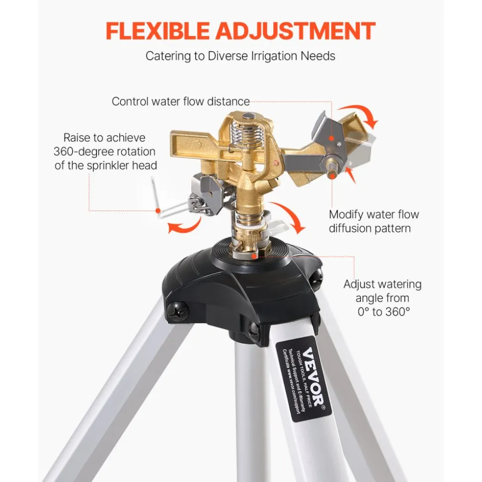 VEVOR Impact Sprinkler on Tripod Base, Heavy Duty Tripod Sprinklers with Brass Head & 3/4" Connector, 360 Degree Large Area Coverage Irrigation Sprinkler, Adjustable Heights Sprinkler for Yard Gray