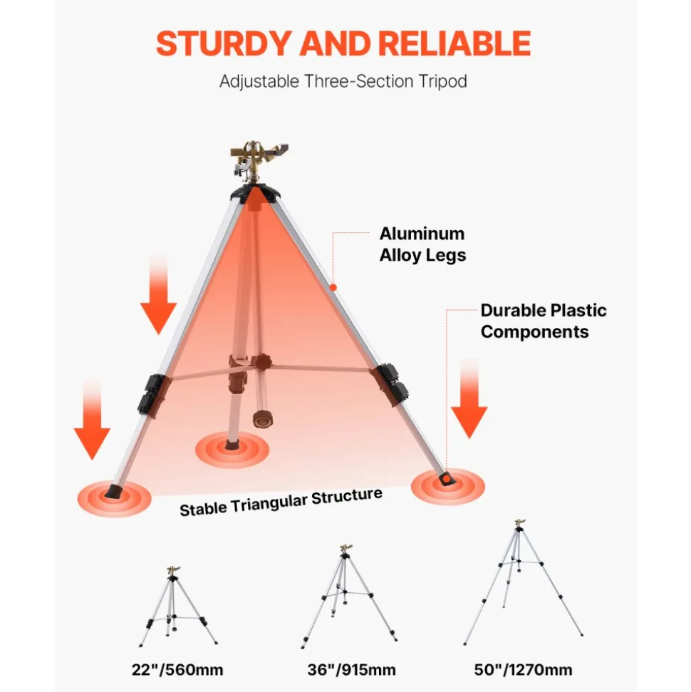 VEVOR Impact Sprinkler on Tripod Base, Heavy Duty Tripod Sprinklers with Brass Head & 3/4" Connector, 360 Degree Large Area Coverage Irrigation Sprinkler, Adjustable Heights Sprinkler for Yard Gray
