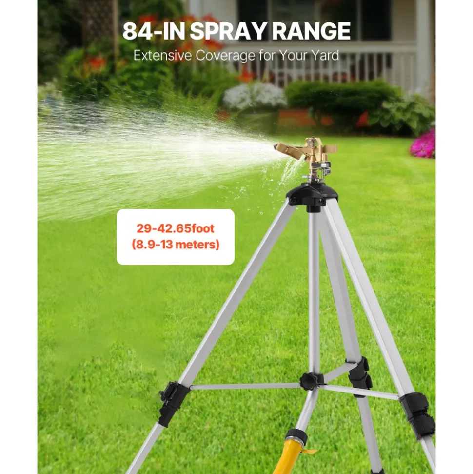 VEVOR Impact Sprinkler on Tripod Base, Heavy Duty Tripod Sprinklers with Brass Head & 3/4" Connector, 360 Degree Large Area Coverage Irrigation Sprinkler, Adjustable Heights Sprinkler for Yard Gray