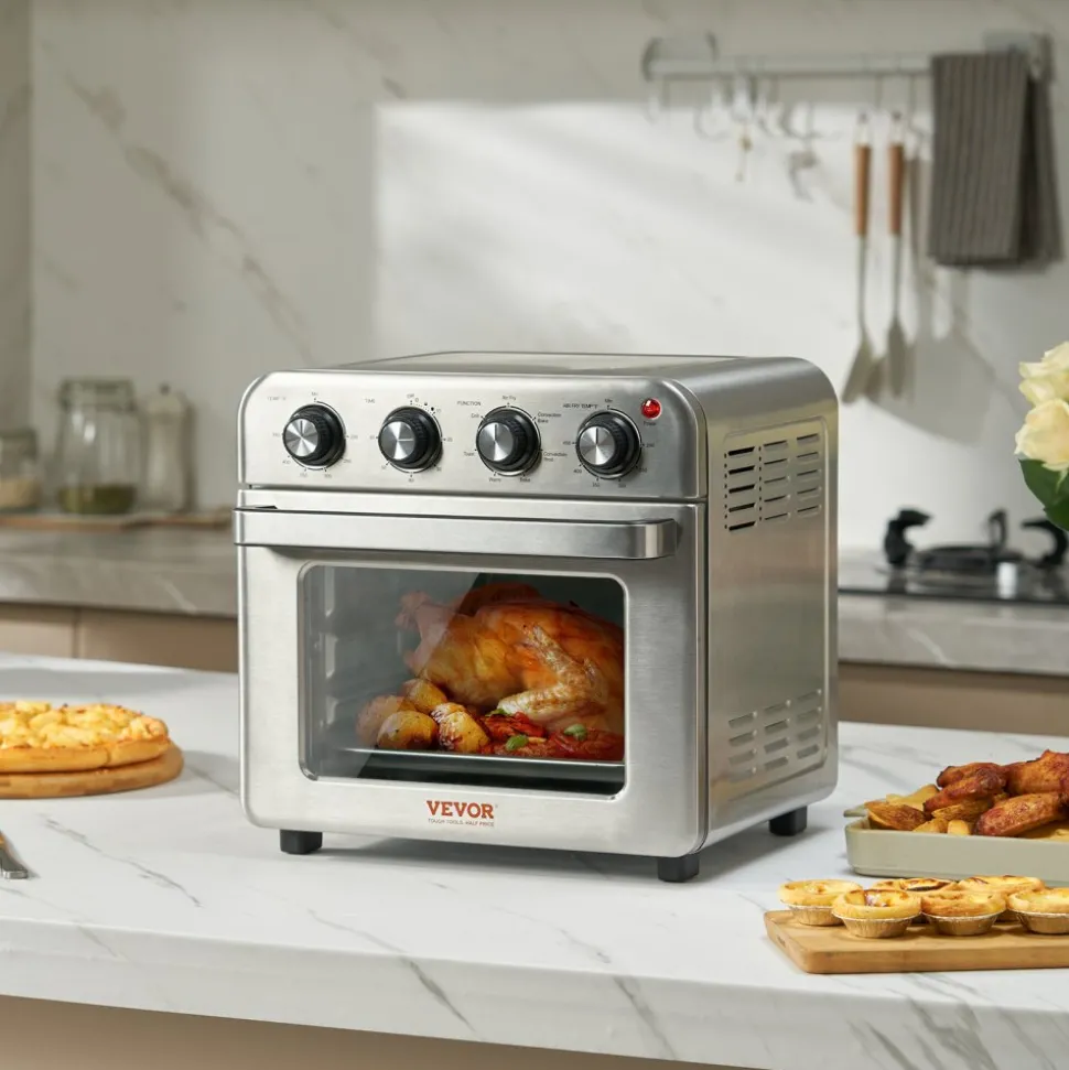 VEVOR 7-IN-1 Air Fryer Toaster Oven, 18L Convection Oven, 1700W Stainless Steel Toaster Ovens Countertop Combo with Grill, Pizza Pan, Gloves, 6 Slices Toast, 12-inch Pizza, Home and Commercial Use