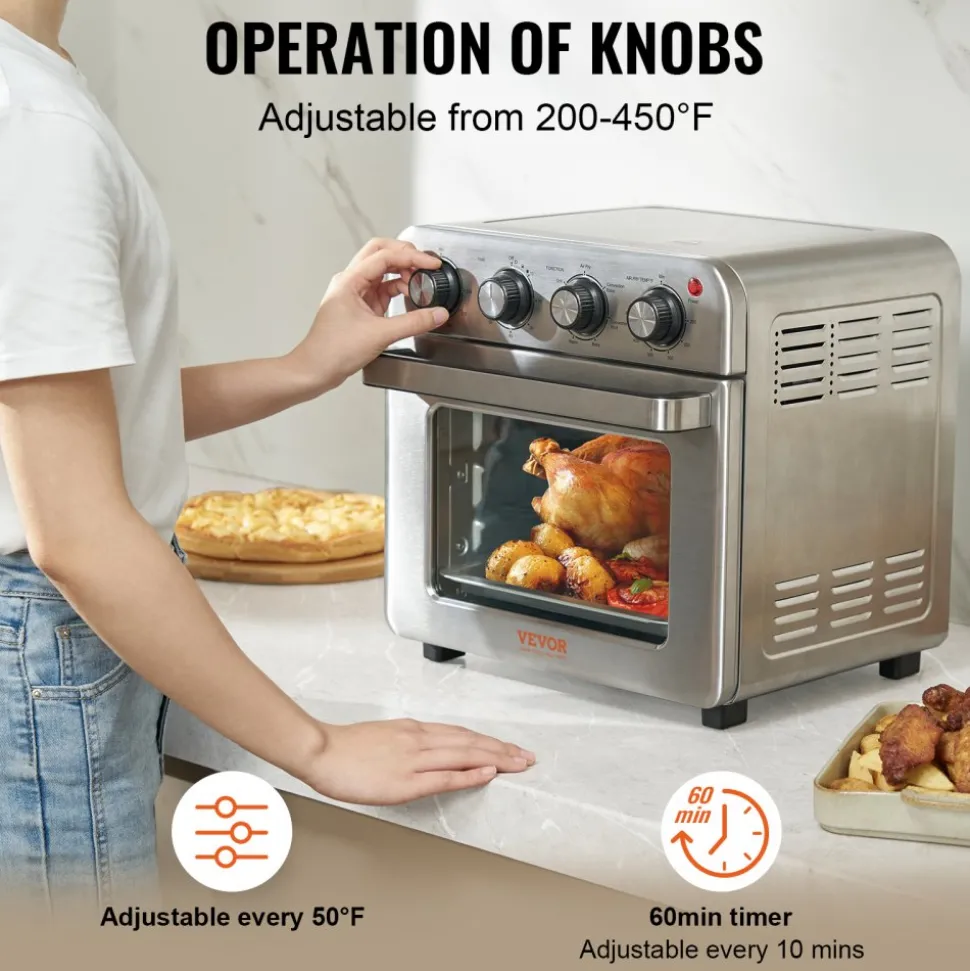 VEVOR 7-IN-1 Air Fryer Toaster Oven, 18L Convection Oven, 1700W Stainless Steel Toaster Ovens Countertop Combo with Grill, Pizza Pan, Gloves, 6 Slices Toast, 12-inch Pizza, Home and Commercial Use