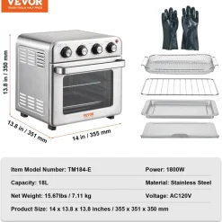 VEVOR 7-IN-1 Air Fryer Toaster Oven, 18L Convection Oven, 1700W Stainless Steel Toaster Ovens Countertop Combo with Grill, Pizza Pan, Gloves, 6 Slices Toast, 12-inch Pizza, Home and Commercial Use