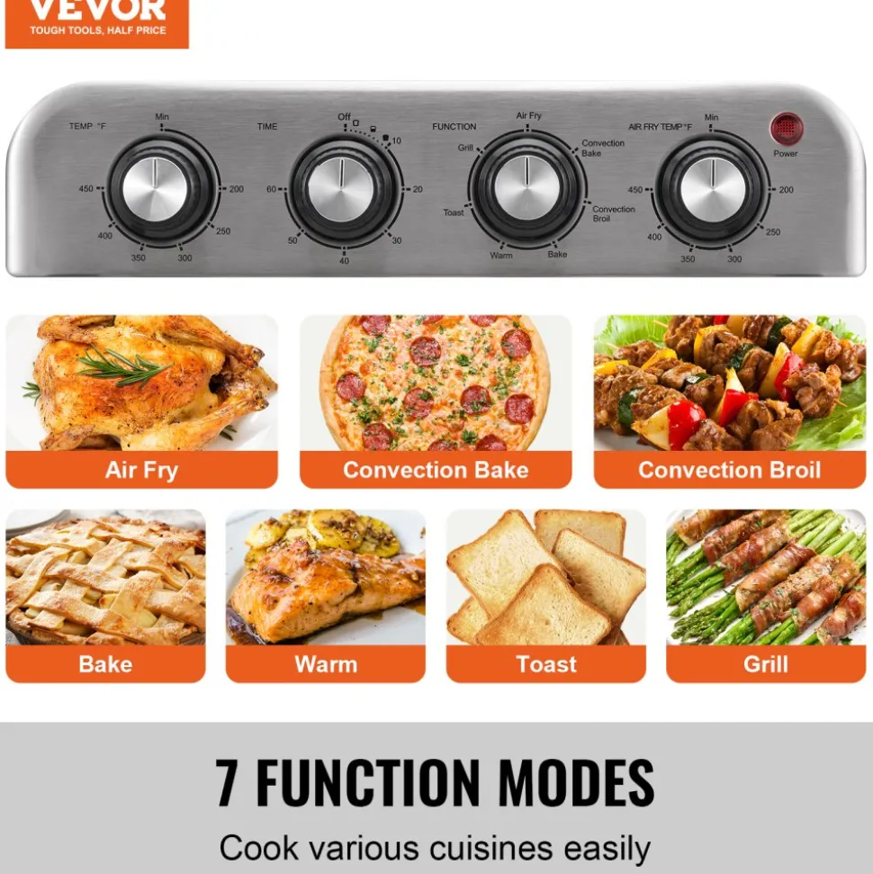 VEVOR 7-IN-1 Air Fryer Toaster Oven, 18L Convection Oven, 1700W Stainless Steel Toaster Ovens Countertop Combo with Grill, Pizza Pan, Gloves, 6 Slices Toast, 12-inch Pizza, Home and Commercial Use