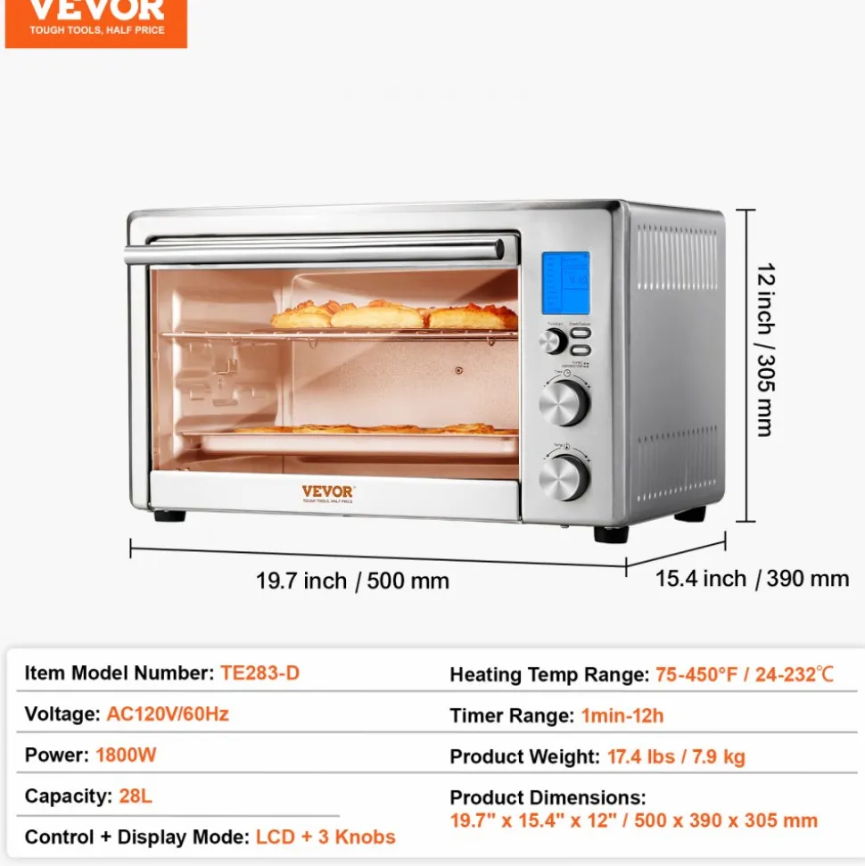 VEVOR 13-IN-1 Air Fryer Toaster Oven, 28L/29.6Qt Convection Oven, 1800W 2-Tier Toaster Ovens Countertop Combo with Wire Racks, Pizza Pan, Gloves, Home and Commercial Use