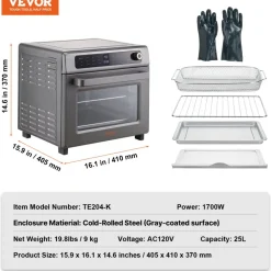 VEVOR 12-IN-1 Air Fryer Toaster Oven, 25L Convection Oven, 1700W Stainless Steel Toaster Ovens Countertop Combo with Grill, Pizza Pan, Gloves, 12 Slices Toast, 12-inch Pizza, Home and Commercial Use