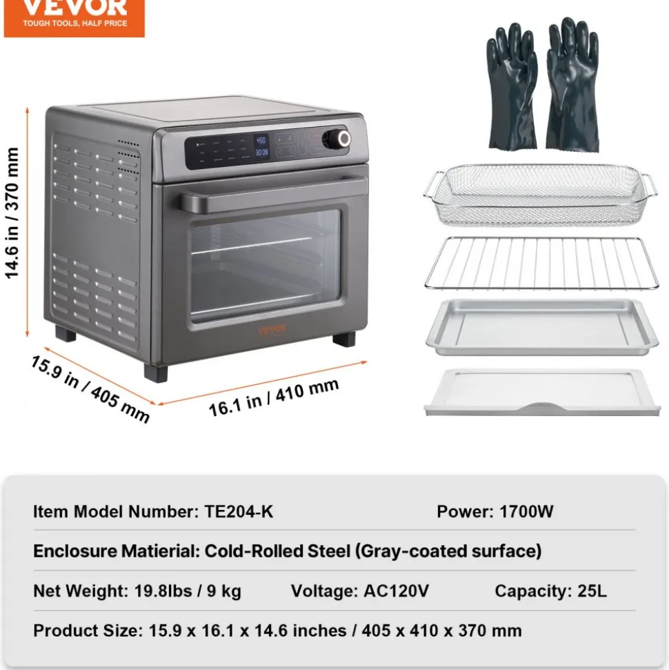 VEVOR 12-IN-1 Air Fryer Toaster Oven, 25L Convection Oven, 1700W Stainless Steel Toaster Ovens Countertop Combo with Grill, Pizza Pan, Gloves, 12 Slices Toast, 12-inch Pizza, Home and Commercial Use