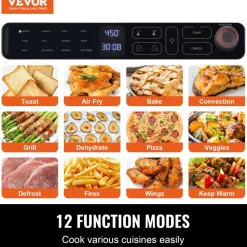 VEVOR 12-IN-1 Air Fryer Toaster Oven, 25L Convection Oven, 1700W Stainless Steel Toaster Ovens Countertop Combo with Grill, Pizza Pan, Gloves, 12 Slices Toast, 12-inch Pizza, Home and Commercial Use