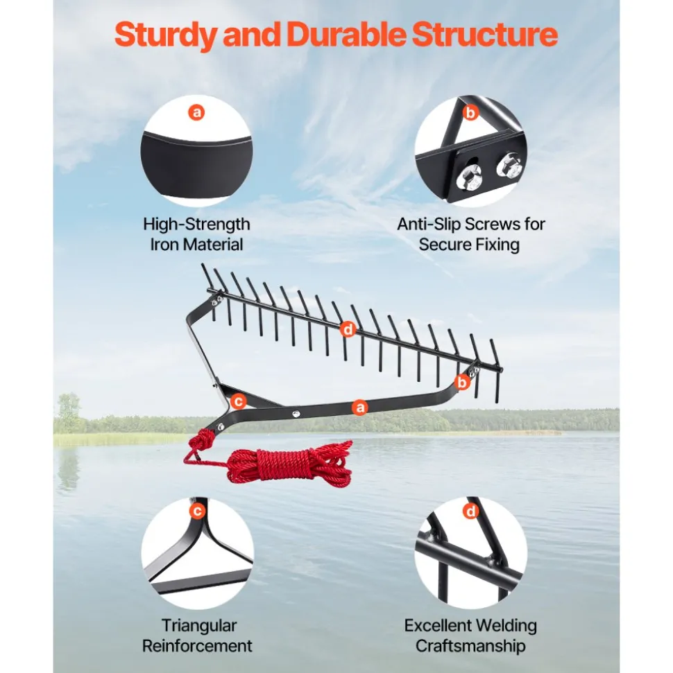 VEVOR 32 in Aquatic Weed Rake, 6.3 in Double Sided Lake Weed Rake, Lightweight Pond Weeds Cutter with 30ft Rope, No Assembly Required, Muck Lilypad Clearing Tool for Pond, Lake, Rivulet