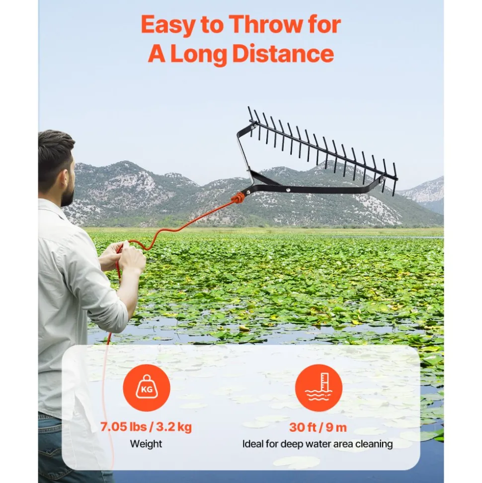 VEVOR 32 in Aquatic Weed Rake, 6.3 in Double Sided Lake Weed Rake, Lightweight Pond Weeds Cutter with 30ft Rope, No Assembly Required, Muck Lilypad Clearing Tool for Pond, Lake, Rivulet