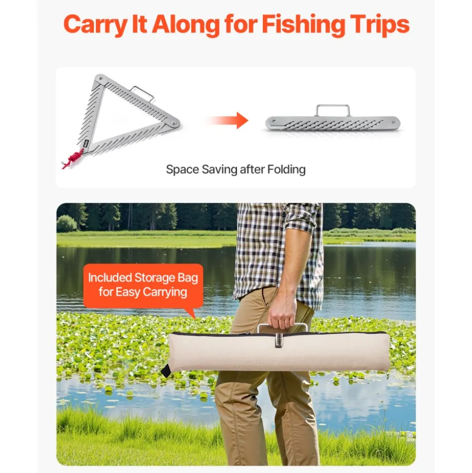 VEVOR 24in Aquatic Weed Rake, 3-Sided Lake Weed Rake with Handle, Portable and Foldable Pond Water Grass Razor, Stainless Steel Throwable Floating Pond Weeds Cutter with 30 ft Rope, for Lakes Ponds