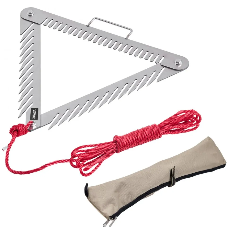 VEVOR 24in Aquatic Weed Rake, 3-Sided Lake Weed Rake with Handle, Portable and Foldable Pond Water Grass Razor, Stainless Steel Throwable Floating Pond Weeds Cutter with 30 ft Rope, for Lakes Ponds