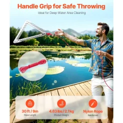 VEVOR 24in Aquatic Weed Rake, 3-Sided Lake Weed Rake with Handle, Portable and Foldable Pond Water Grass Razor, Stainless Steel Throwable Floating Pond Weeds Cutter with 30 ft Rope, for Lakes Ponds