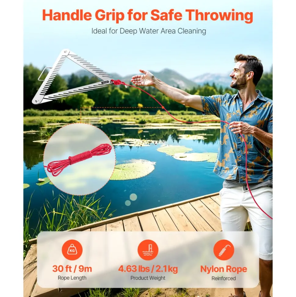 VEVOR 24in Aquatic Weed Rake, 3-Sided Lake Weed Rake with Handle, Portable and Foldable Pond Water Grass Razor, Stainless Steel Throwable Floating Pond Weeds Cutter with 30 ft Rope, for Lakes Ponds