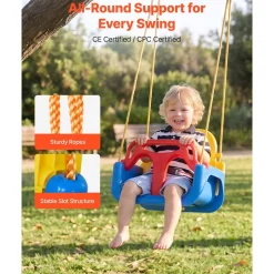 VEVOR 3-in-1 Baby Swing Seat 300 lbs Capacity Toddler Swing Red/Yellow/Blue, for Indoor & Outdoor Playground, with Adjustable Ropes and Snap Hooks, Snug & Secure Detachable Infants to Teens Kids Seat