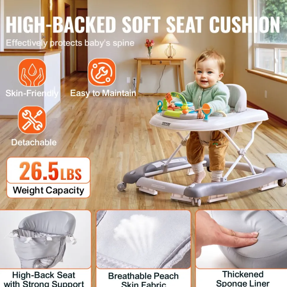 VEVOR 4-in-1 Baby Walker, Foldable Baby Activity Center on Wheels, 3 Adjustable Height, Music & Toys Tray, Learning-Seated | Walk-Behind | Rocker | Bouncer Toddler Walker for Girls Boys 6-24 Months