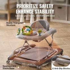 VEVOR 4-in-1 Baby Walker, Foldable Baby Activity Center on Wheels, 3 Adjustable Height, Music & Toys Tray, Learning-Seated | Walk-Behind | Rocker | Bouncer Toddler Walker for Girls Boys 6-24 Months