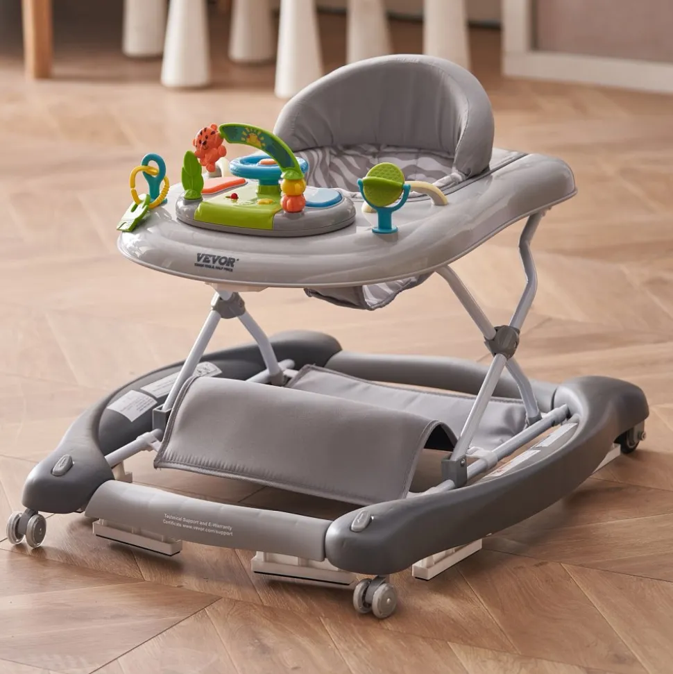 VEVOR 4-in-1 Baby Walker, Foldable Baby Activity Center on Wheels, 3 Adjustable Height, Music & Toys Tray, Learning-Seated | Walk-Behind | Rocker | Bouncer Toddler Walker for Girls Boys 6-24 Months