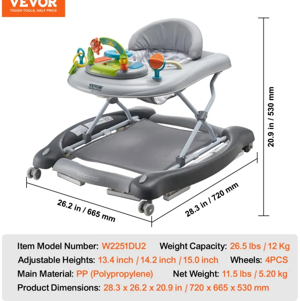 VEVOR 4-in-1 Baby Walker, Foldable Baby Activity Center on Wheels, 3 Adjustable Height, Music & Toys Tray, Learning-Seated | Walk-Behind | Rocker | Bouncer Toddler Walker for Girls Boys 6-24 Months