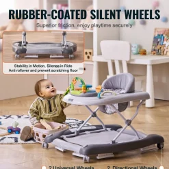 VEVOR 4-in-1 Baby Walker, Foldable Baby Activity Center on Wheels, 3 Adjustable Height, Music & Toys Tray, Learning-Seated | Walk-Behind | Rocker | Bouncer Toddler Walker for Girls Boys 6-24 Months