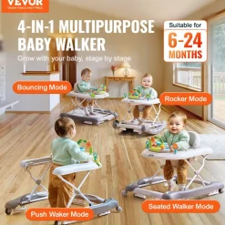 VEVOR 4-in-1 Baby Walker, Foldable Baby Activity Center on Wheels, 3 Adjustable Height, Music & Toys Tray, Learning-Seated | Walk-Behind | Rocker | Bouncer Toddler Walker for Girls Boys 6-24 Months