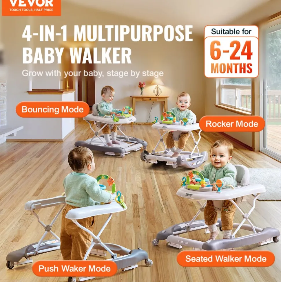 VEVOR 4-in-1 Baby Walker, Foldable Baby Activity Center on Wheels, 3 Adjustable Height, Music & Toys Tray, Learning-Seated | Walk-Behind | Rocker | Bouncer Toddler Walker for Girls Boys 6-24 Months