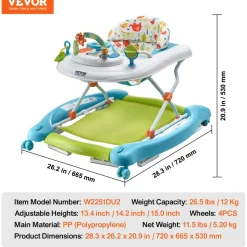 VEVOR 4-in-1 Baby Walker, Foldable Baby Activity Center on Wheels, 3 Adjustable Height, Music & Toys Tray, Learning-Seated | Walk-Behind | Rocker | Bouncer Toddler Walker for Girls Boys 6-24 Months