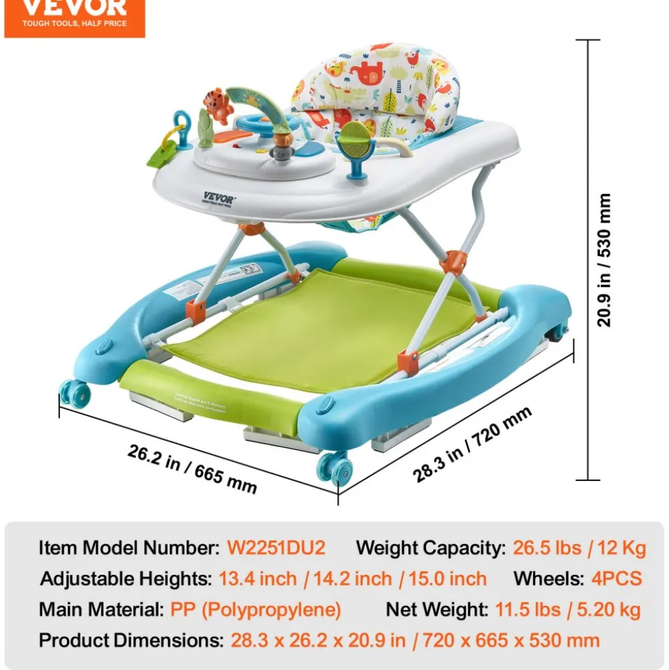 VEVOR 4-in-1 Baby Walker, Foldable Baby Activity Center on Wheels, 3 Adjustable Height, Music & Toys Tray, Learning-Seated | Walk-Behind | Rocker | Bouncer Toddler Walker for Girls Boys 6-24 Months