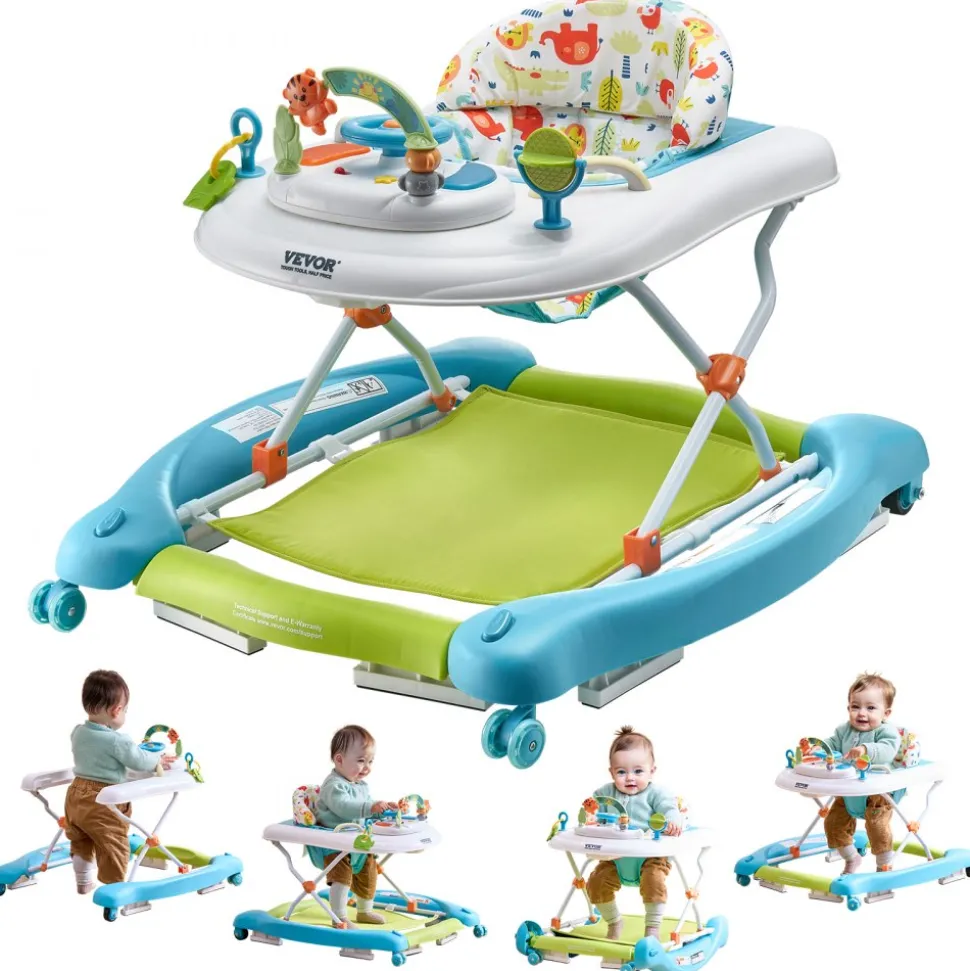 VEVOR 4-in-1 Baby Walker, Foldable Baby Activity Center on Wheels, 3 Adjustable Height, Music & Toys Tray, Learning-Seated | Walk-Behind | Rocker | Bouncer Toddler Walker for Girls Boys 6-24 Months