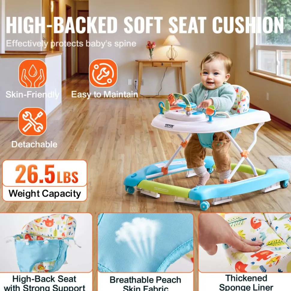 VEVOR 4-in-1 Baby Walker, Foldable Baby Activity Center on Wheels, 3 Adjustable Height, Music & Toys Tray, Learning-Seated | Walk-Behind | Rocker | Bouncer Toddler Walker for Girls Boys 6-24 Months