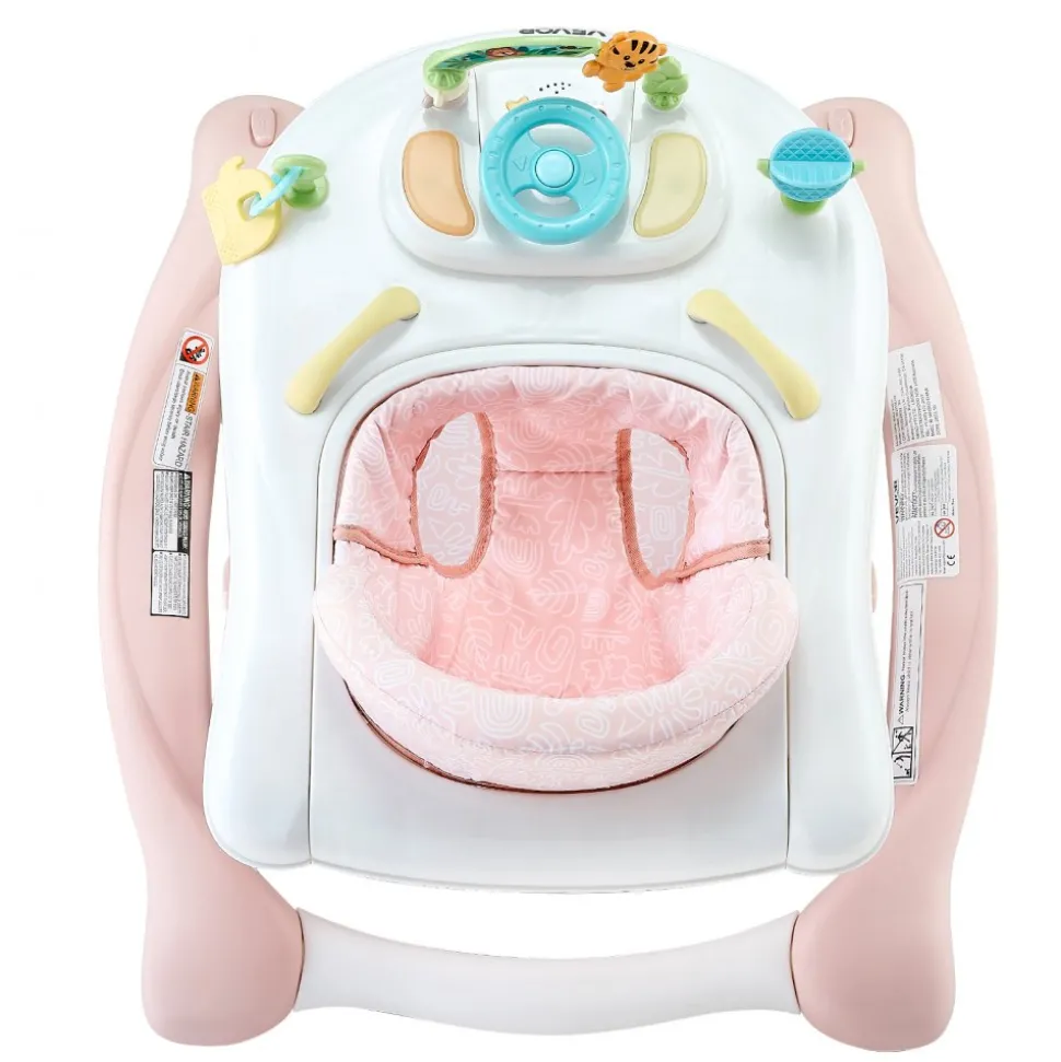 VEVOR 5-in-1 Baby Walker, Folding Baby Activity Center on Wheels, Height Adjustable Rocker Bouncer Walker with Comfortable High-Back Seat, Anti-Rollover Toddler Walking Helper for 6-24 Month Boy Girls