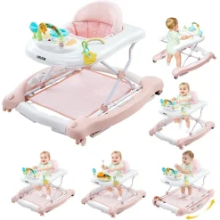VEVOR 5-in-1 Baby Walker, Folding Baby Activity Center on Wheels, Height Adjustable Rocker Bouncer Walker with Comfortable High-Back Seat, Anti-Rollover Toddler Walking Helper for 6-24 Month Boy Girls