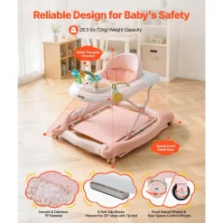 VEVOR 5-in-1 Baby Walker, Folding Baby Activity Center on Wheels, Height Adjustable Rocker Bouncer Walker with Comfortable High-Back Seat, Anti-Rollover Toddler Walking Helper for 6-24 Month Boy Girls