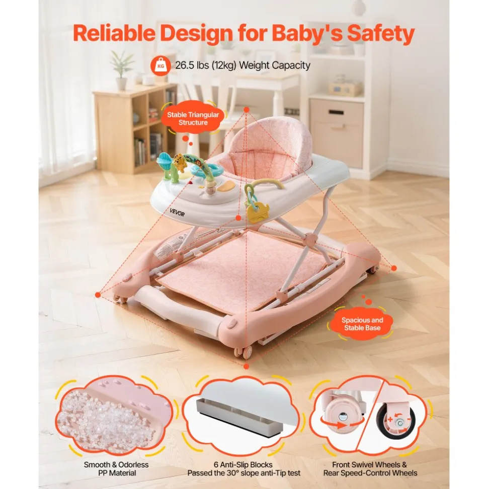 VEVOR 5-in-1 Baby Walker, Folding Baby Activity Center on Wheels, Height Adjustable Rocker Bouncer Walker with Comfortable High-Back Seat, Anti-Rollover Toddler Walking Helper for 6-24 Month Boy Girls