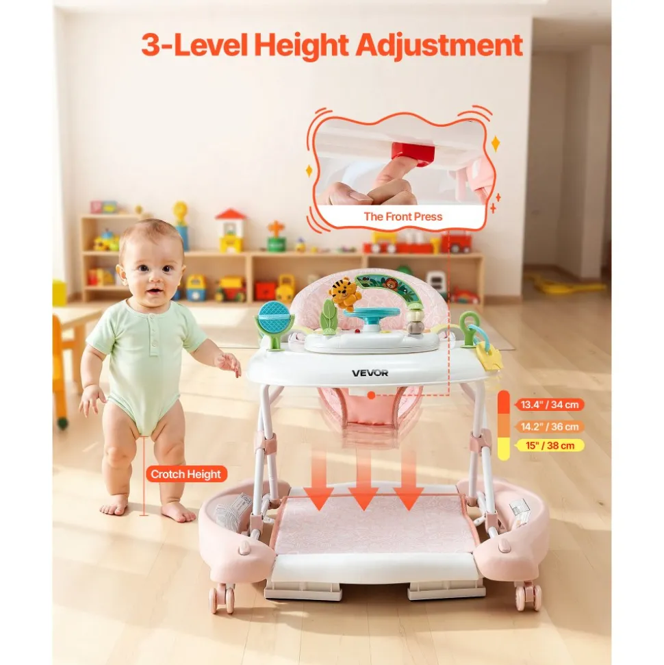 VEVOR 5-in-1 Baby Walker, Folding Baby Activity Center on Wheels, Height Adjustable Rocker Bouncer Walker with Comfortable High-Back Seat, Anti-Rollover Toddler Walking Helper for 6-24 Month Boy Girls