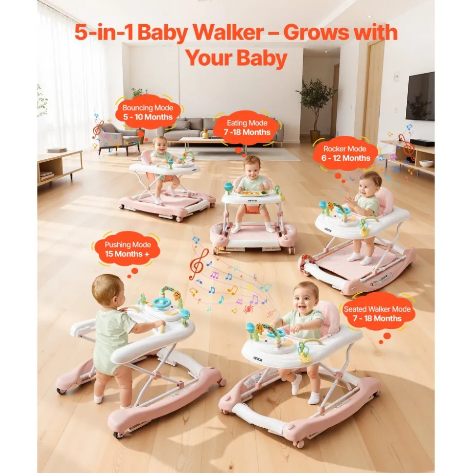 VEVOR 5-in-1 Baby Walker, Folding Baby Activity Center on Wheels, Height Adjustable Rocker Bouncer Walker with Comfortable High-Back Seat, Anti-Rollover Toddler Walking Helper for 6-24 Month Boy Girls