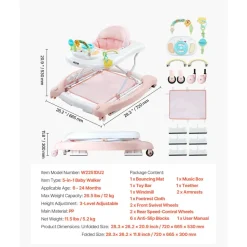 VEVOR 5-in-1 Baby Walker, Folding Baby Activity Center on Wheels, Height Adjustable Rocker Bouncer Walker with Comfortable High-Back Seat, Anti-Rollover Toddler Walking Helper for 6-24 Month Boy Girls
