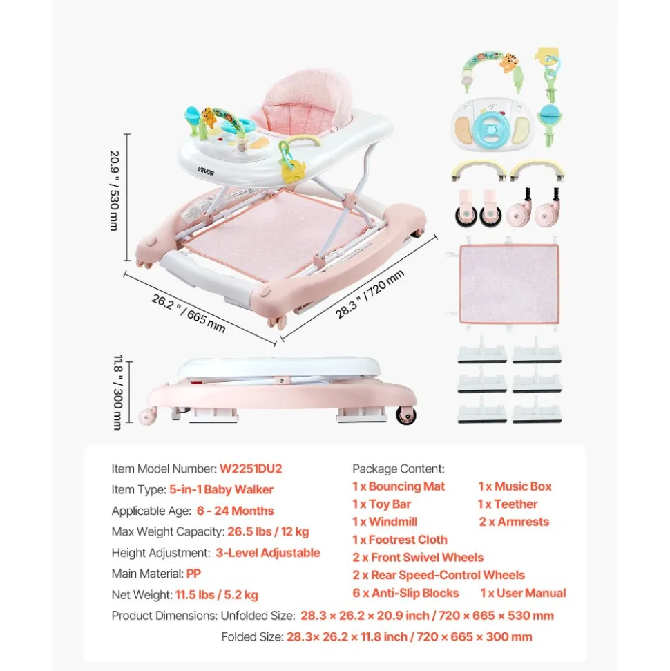 VEVOR 5-in-1 Baby Walker, Folding Baby Activity Center on Wheels, Height Adjustable Rocker Bouncer Walker with Comfortable High-Back Seat, Anti-Rollover Toddler Walking Helper for 6-24 Month Boy Girls