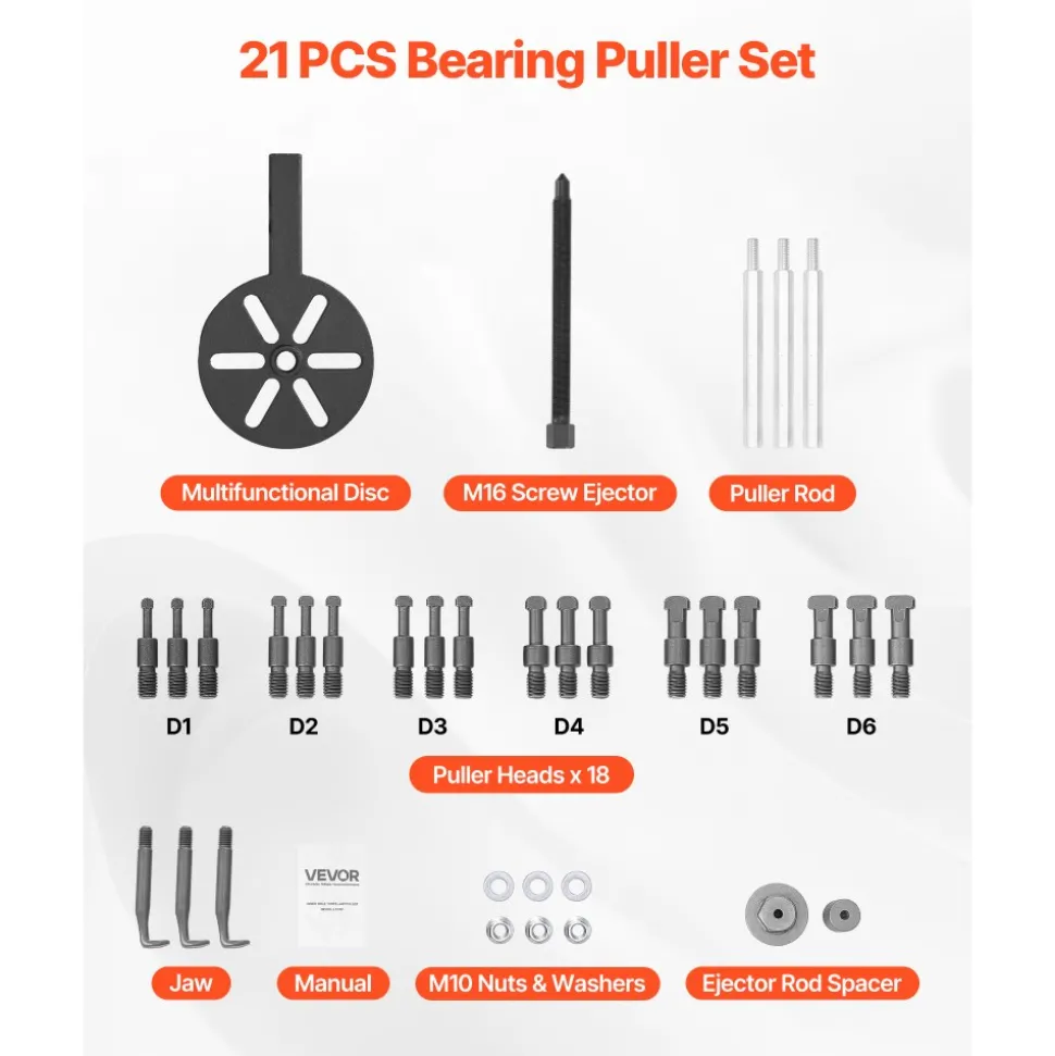 VEVOR 21-in-1 Bearing Puller Set, 21 PCS 3-Jaw Hook Puller for Internal External Bearings and Bearing Without Inner Shaft, Multifunctional Bearing Removal Tool with Heavy Duty Portable Storage Case